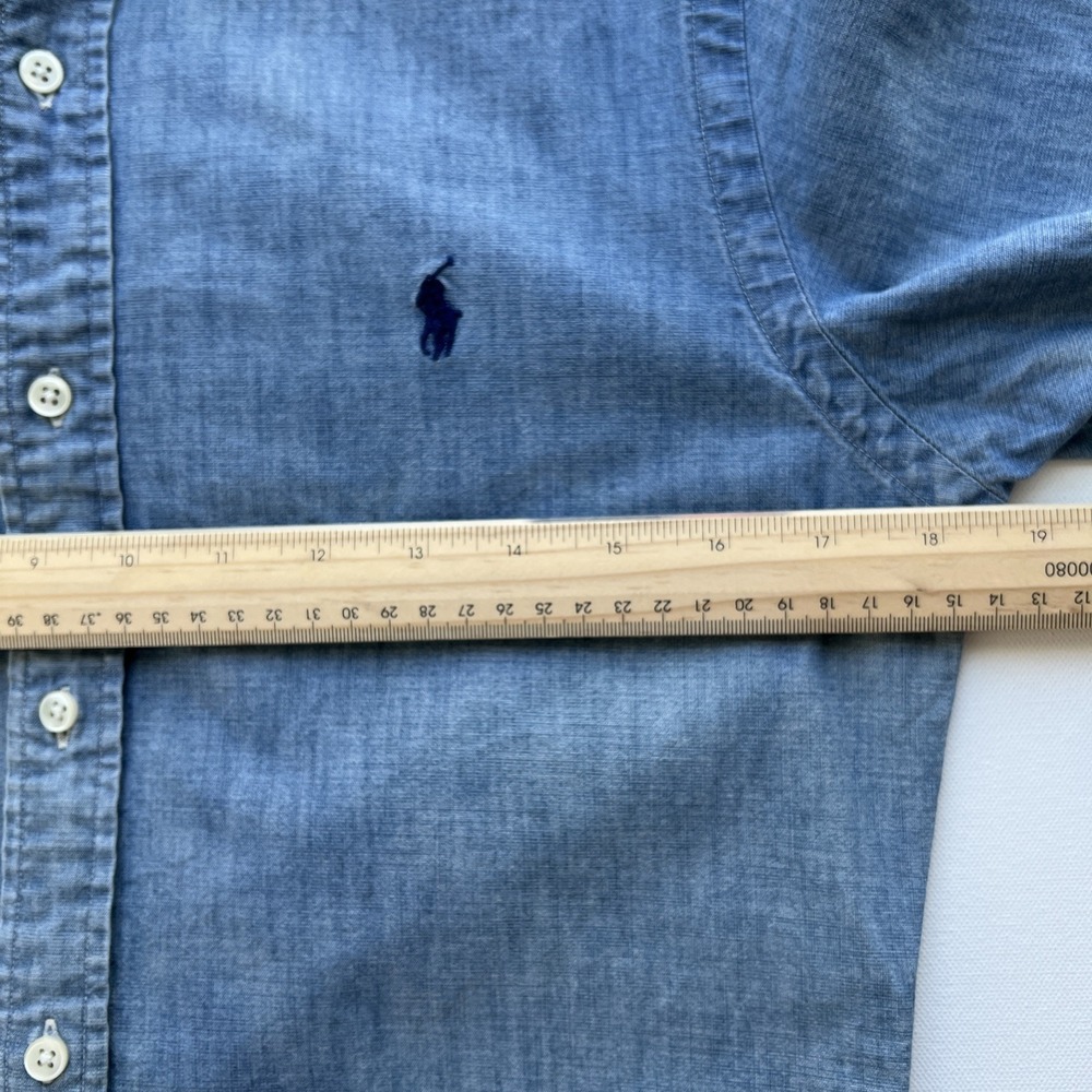 Polo Ralph Lauren Shirt Mens S Slim Fit Chambray Blue Long Sleeve Distressed - Picture 3 of 12